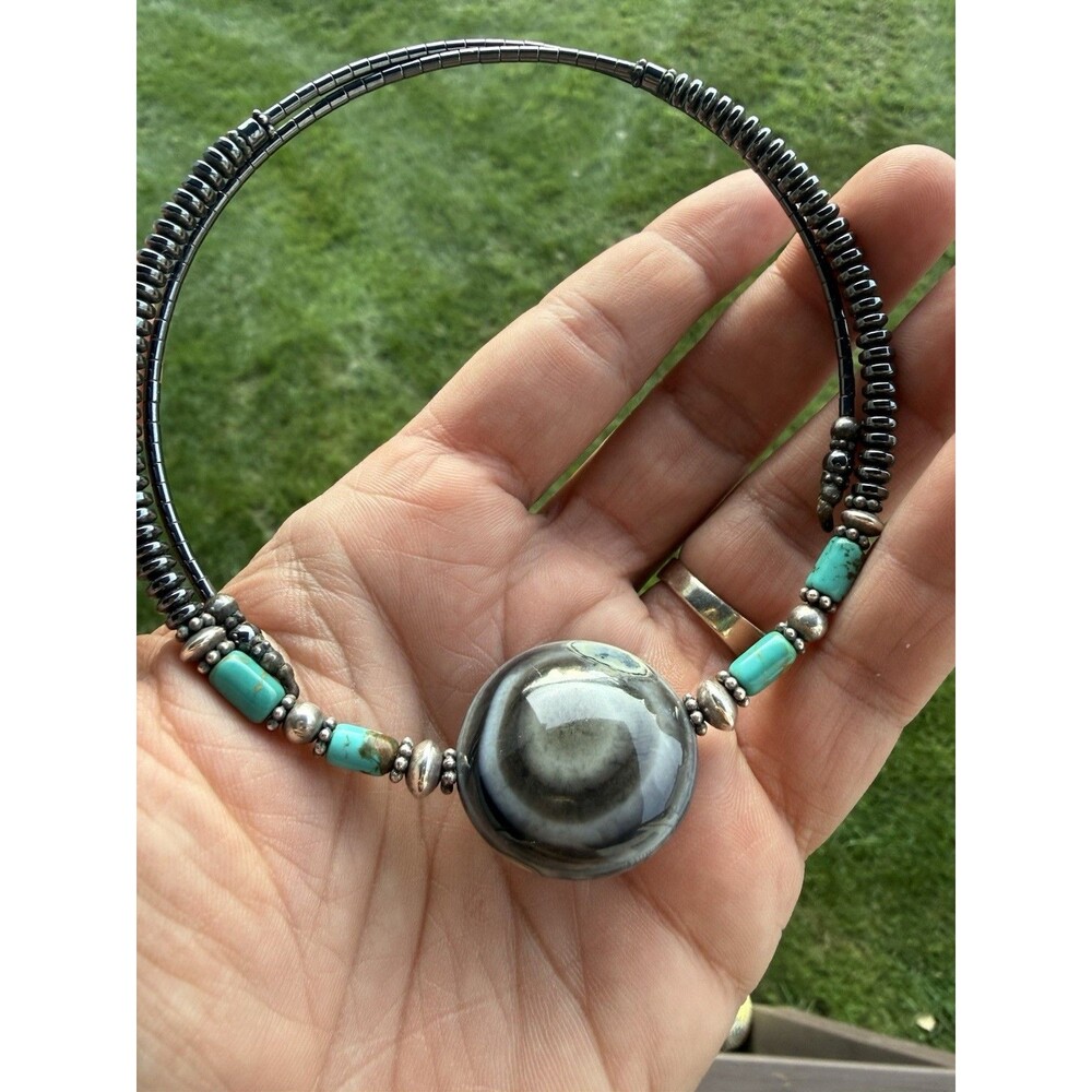 Vintage Turquoise Banded Agate Hematite Beaded Statement Necklace Southwestern